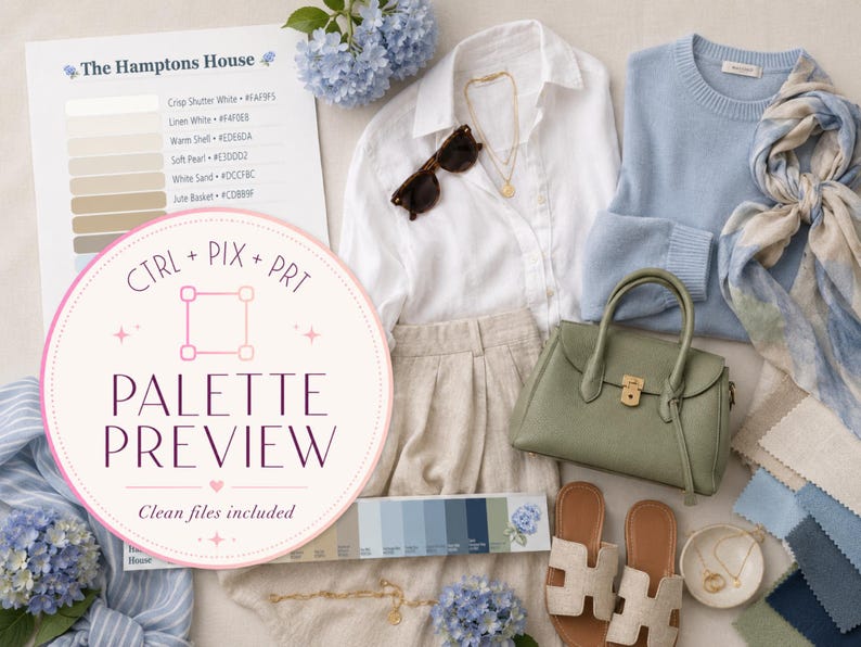 May include: A white button-down shirt, light blue sweater, beige trousers, sage green handbag, and beige sandals. Accessories include a blue and white scarf, gold necklaces, sunglasses, and a color palette card labeled The Hamptons House.