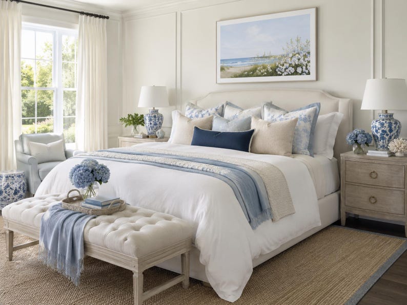 May include: A bedroom featuring a large bed with white bedding, layered with blue and beige throw blankets and pillows. A tufted beige bench sits at the foot of the bed. Two blue and white patterned lamps rest on wooden nightstands.