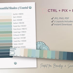 Könnte beinhalten: Eine Farbpalette mit dem Titel "Beautiful Shades of Coastal" mit verschiedenen Blau-, Grün- und Beigetönen. Die Palette enthält Farbcodes und ist für Branding und soziale Medien konzipiert. Das Bild enthält auch eine Muschelgrafik.