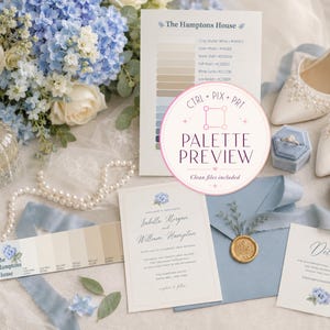 May include: A wedding stationery set featuring a white invitation with blue hydrangea illustrations, a matching details card, a blue envelope with a gold wax seal, a color palette card, a perfume bottle, pearl necklace, and white heels.