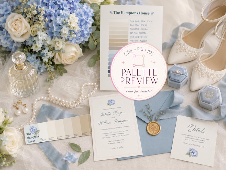 May include: A wedding stationery set featuring a white invitation with blue hydrangea illustrations, a matching details card, a blue envelope with a gold wax seal, a color palette card, a perfume bottle, pearl necklace, and white heels.