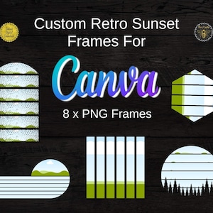 May include: Eight retro sunset frames for Canva. The frames are in various shapes and feature a blue sky, green grass, and white clouds. The frames are perfect for adding a vintage touch to your designs.