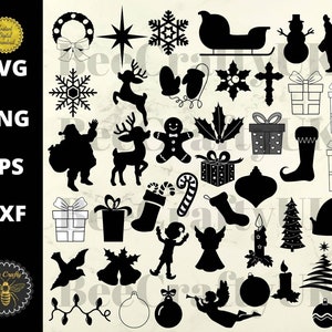 43 X Silhouettes d’éléments de Noël SVG | Père Noël, Rennes, Arbres, Boules, Éléments Clipart Elfe | png, svg, dxf, eps | Téléchargement instantané