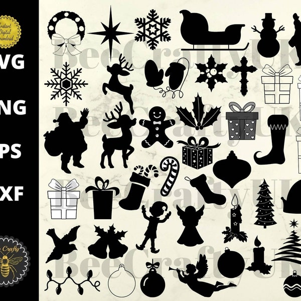 43 X Christmas Element Silhouettes SVG | Santa, Reindeers, Trees, Baubles, Elf Clipart Elements | png, svg, dxf, eps | Instant Download