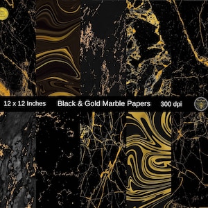 May include: Four digital paper designs featuring black and gold marble patterns. The papers are 12 x 12 inches and 300 dpi.