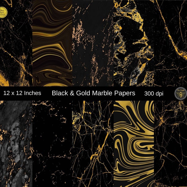 Black & Gold Marble Digital Paper Pack | Gold Marble Sublimation Backgrounds | 12 x 12 Inch | 10 Papers | Instant Download | Commercial Use