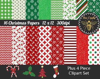May include: Set of 16 digital Christmas papers in red, green, and white with various patterns, including snowflakes, reindeer, candy canes, and holly. Also includes a 4-piece clipart set.