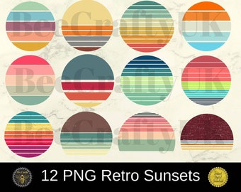Retro zonsondergangbundel | 12 zonsondergangen cirkel ontwerpelementen clipartpatronen | PNG voor sublimatie of print | Commercieel gebruik | Direct downloaden