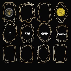 Cornici poligonali geometriche in lamina d'oro / Cornici geometriche dorate per clipart / Cornici per elementi di design / 12 cornici PNG / Download immediato