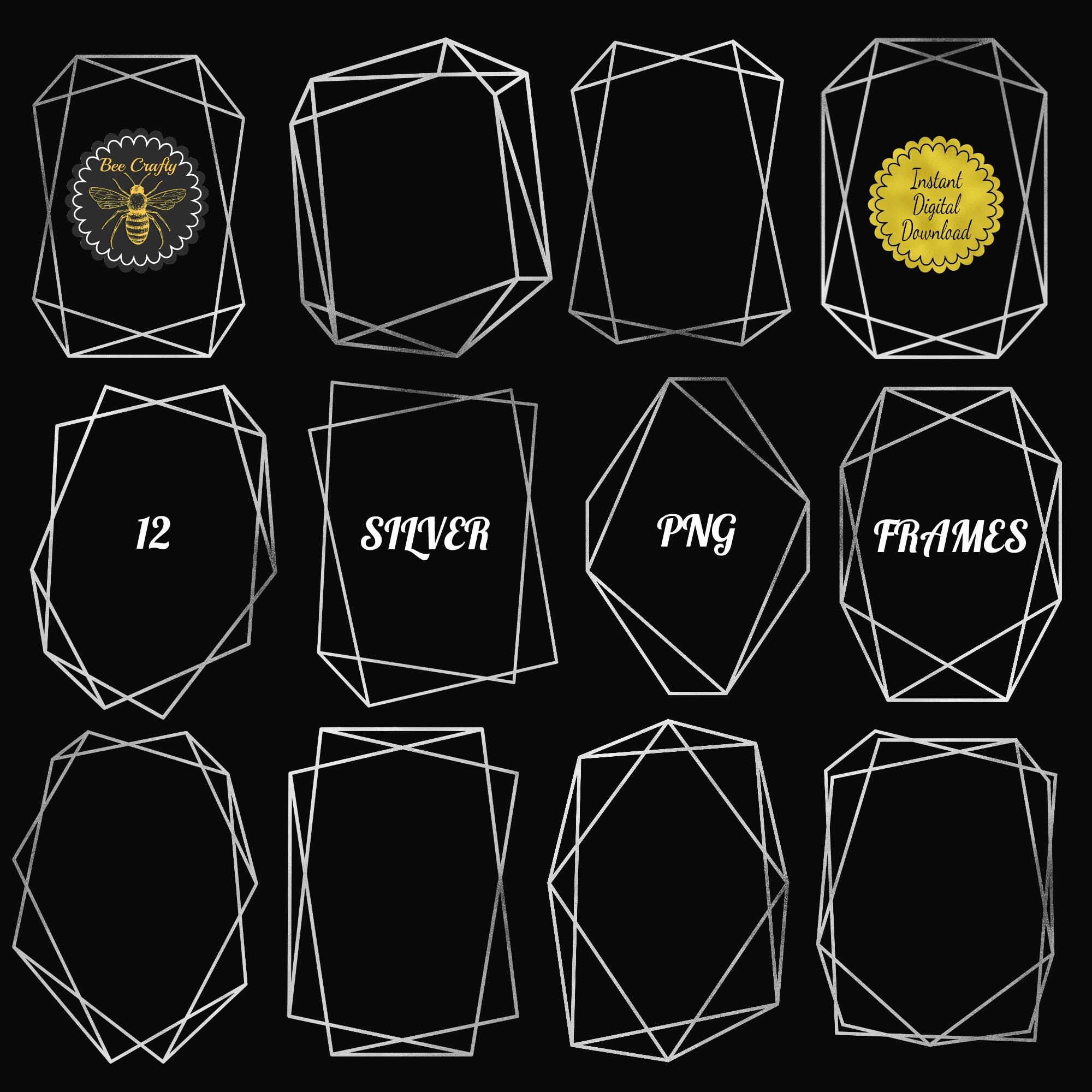 Silver Foil Geometric Polygonal Frames | Geometrical Clip Art Frames | Design Element Frames | 12 PNG Frames |  Instant Download