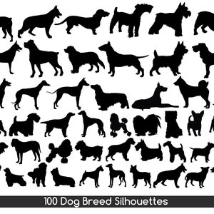 May include: A collection of 100 black silhouette images of different dog breeds. The silhouettes are arranged in rows and columns on a white background. The text "100 Dog Breed Silhouettes" is at the bottom of the image.