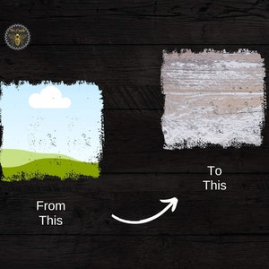 May include: A before and after image showing how to transform a simple landscape painting into a distressed wood look. The original image shows a green field with a blue sky and a white cloud. The transformed image shows a distressed wood surface with white paint.