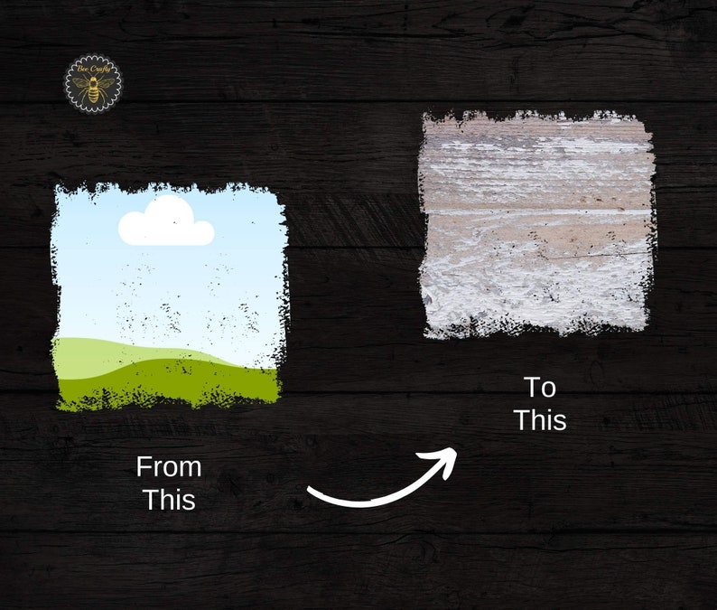 May include: A before and after image showing how to transform a simple landscape painting into a distressed wood look. The original image shows a green field with a blue sky and a white cloud. The transformed image shows a distressed wood surface with white paint.