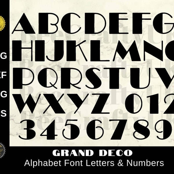 Grand Deco Retro Vintage Schrift | Alphabet Buchstaben & Zahlen Cutfiles | Schrift Clipart Design Elements | Sublimation, Druck, png, dxf, eps, svg