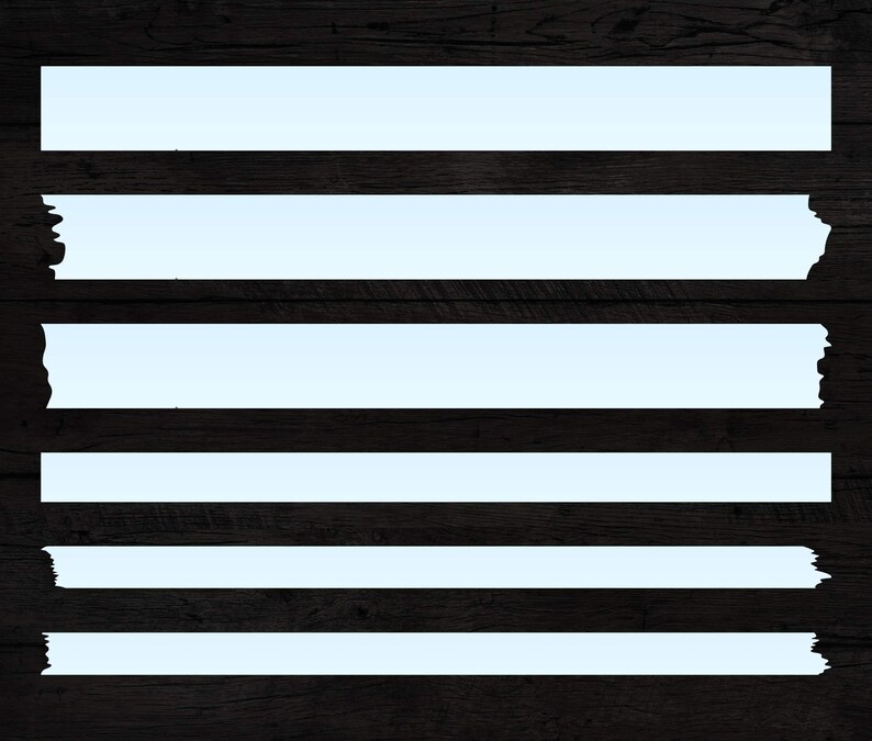 May include: Five blank white strips of tape on a dark wood background. The tape is slightly torn at the edges.