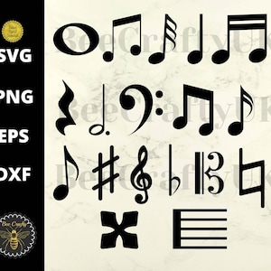 May include: A set of black musical note and symbol SVG cut files. The set includes a treble clef, bass clef, sharp, flat, natural, crotchet, quaver, semiquaver, semibreve, minim, and a music staff.