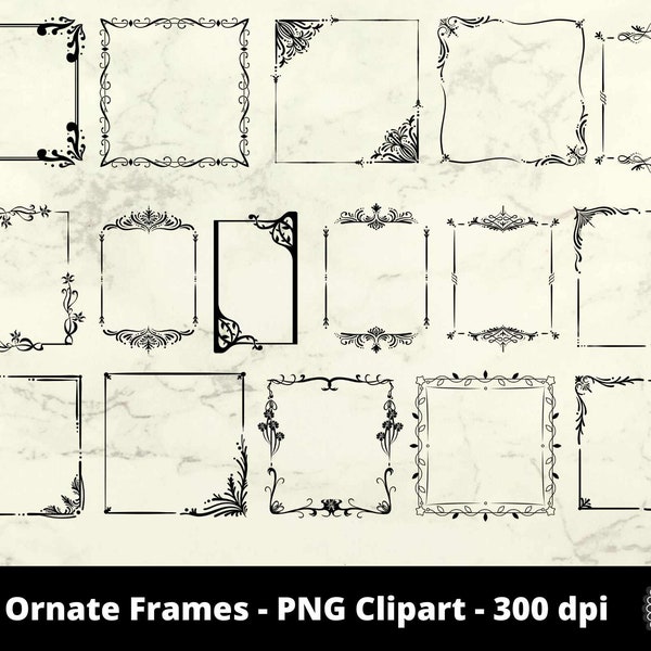 Black Ornate Frames | Black Clip Art Frames | Design Element Frames | 16 PNG Frames | Instant Download | Commercial Use