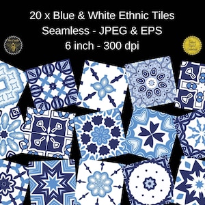 Blauw &Wit Naadloze Etnische Geometrische Tegels | Marokkaanse patroontegels |  20 Mexicaanse patroontegels | 6x6 inch - 300 dpi | Commercieel gebruik