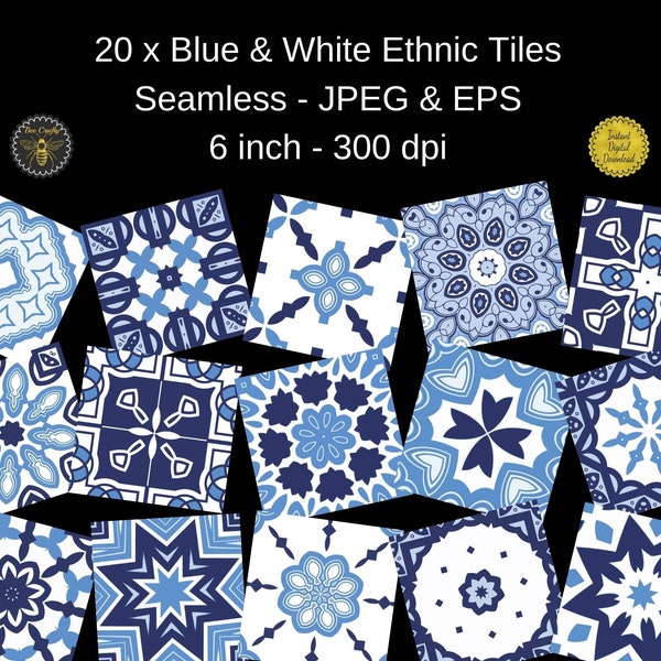 Blue & White Seamless Ethnic Geometric Tiles | Moroccan Patterned Tiles |  20 Mexican Pattern Tiles | 6x6 Inches - 300 dpi | Commercial Use