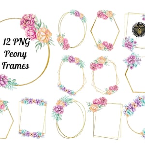 12 Pioenbloemige geometrische veelhoekige frames | Goudfolie & Bloemen Clipart Krans Frame | Ontwerpelementen | 12 PNG-frames |  Direct downloaden