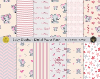 Baby Elephant Digital Paper Pack | Seamless Pink Grey Baby Shower | Scrapbooking Craft Patterns | 12 Papers, 12 x 12 Inch | Instant Download