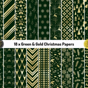 Grün und Gold Weihnachtspapiere | Goldfolie & grüne Hintergründe | Gold Dunkelgrüne Xmas Muster, druckbares Scrapbook Papier | Kommerzielle Nutzung