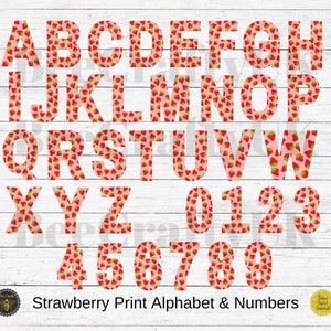 Strawberry Print Letters & Numbers / Berry Alphabet Font A-Z / Numbers 0-9 / Elementos de diseño / PNG para sublimación o impresión / Uso comercial