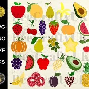 Obst SVG Bundle Schnittdateien | Banane, Erdbeere, Trauben, Kiwi, Olive, Kirschen | Obst Clipart Elements | svg eps dxf png | Kommerzielle Nutzung