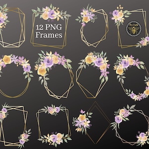 12 Lila Lemon Rose Floral Geometrische Veelhoekige Frames | Gold & Flowers Clipart Frames | Ontwerpelementen | 12 PNG-frames | Direct downloaden