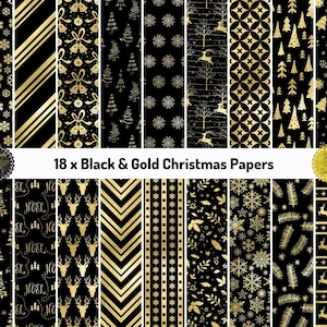Papeles de Navidad negros y dorados / Lámina de oro y fondos negros / Patrones navideños festivos dorados, papel de álbum de recortes imprimible / Uso comercial