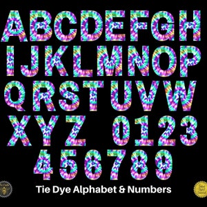 Tie Dye Letters & Numbers | Colourful Bright Alphabet Design Elements | PNG For Sublimation or Print | Commercial Use | Instant Download