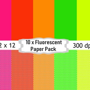 Puede incluir: Un conjunto de 10 papeles estampados fluorescentes, cada uno de 30,5 cm por 30,5 cm. Los papeles presentan un patrón de lunares blancos sobre una variedad de colores brillantes, incluyendo rosa, naranja, amarillo, verde y verde lima. Los papeles son de 300 dpi.