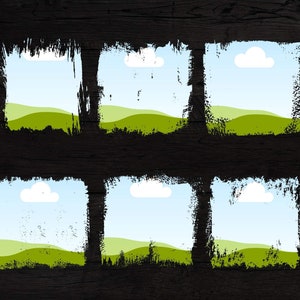 May include: Six black brushstroke frames with a view of a green grassy hill, a blue sky, and white clouds. The frames are arranged in two rows of three.