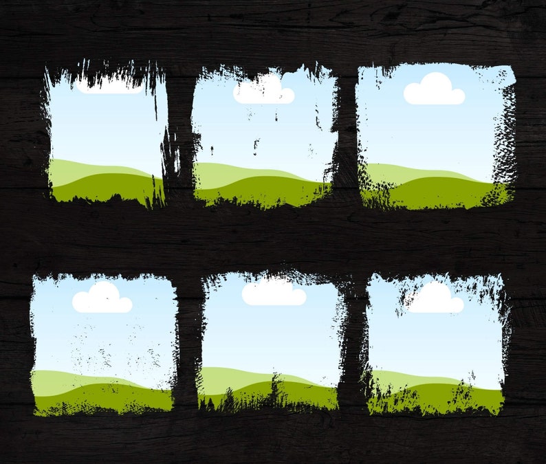May include: Six black brushstroke frames with a view of a green grassy hill, a blue sky, and white clouds. The frames are arranged in two rows of three.