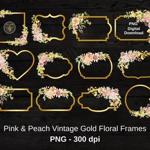 Puede incluir: Conjunto de diez marcos florales digitales en oro con flores de acuarela rosa y melocotón. PNG - 300 dpi.