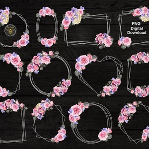 Peut inclure: Un ensemble de 12 cadres floraux numériques avec des formes géométriques. Les cadres sont décorés de roses roses, de feuilles vertes et de fleurs violettes. Les cadres sont parfaits pour ajouter une touche d'élégance à vos créations.