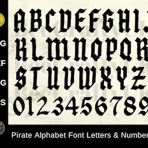 Pirate Font Alphabet Letters & Numbers Cutfiles / Pirate Clipart Design Elements / Sublimation, Print, Cricut, Cameo, png, dxf, eps, svg