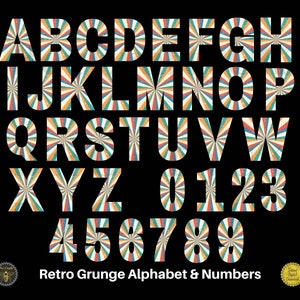Retro Grunge Letras y Números / Vintage Starburst Alfabeto A-Z Números 0-9 Elementos de Diseño / PNG Para Sublimación o Impresión / Uso Comercial