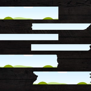 May include: Five torn pieces of white paper with a blue sky and green hills background. The paper is torn on the edges and has a rough texture.