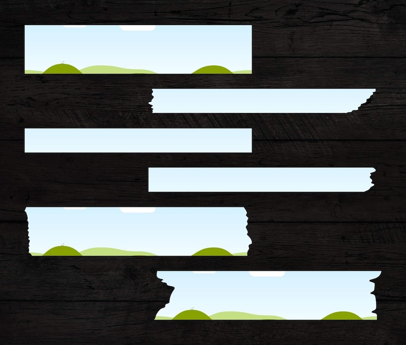 May include: Five torn pieces of white paper with a blue sky and green hills background. The paper is torn on the edges and has a rough texture.