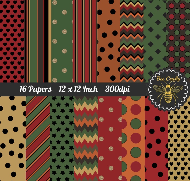 Instant Download 12 x 12 Inch Autumn Hues Digital Paper Pack 16 Papers Green Browns Red Taupe Burnt Orange Gold Black Craft Papers