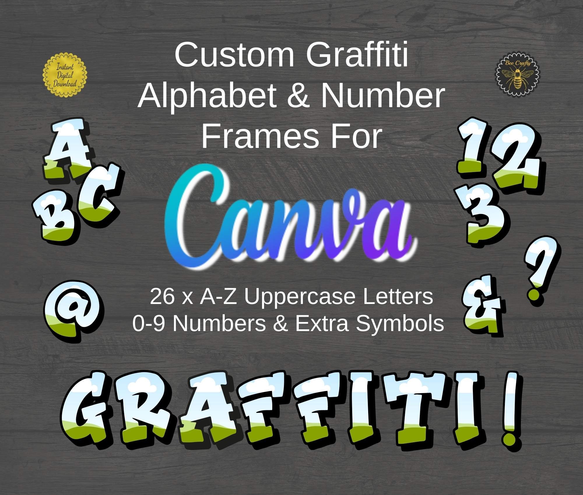 Marcos de fuente de graffiti de alfabeto de número de letra de Canva  personalizados / Arrastrar y soltar plantilla de fuente de marco de Canva  editable / Rellenar en Canva, uso comercial -, image size:2000x1700