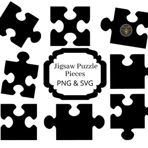 May include: Black jigsaw puzzle pieces in various shapes and orientations are displayed against a white background. The image includes a decorative frame with the text "Jigsaw Puzzle Pieces PNG & SVG". One piece has a bee graphic.