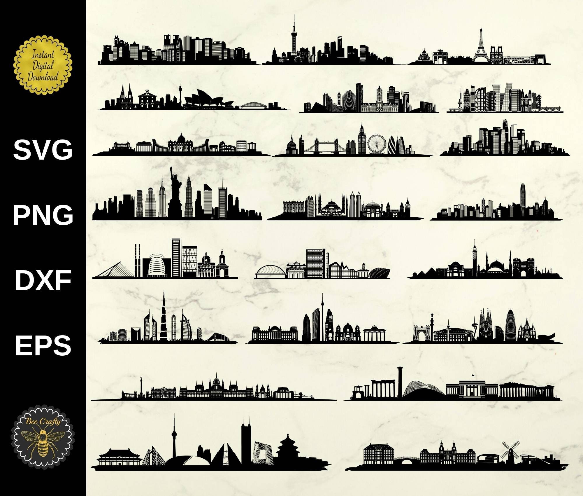 Famous City Skylines SVG Bundle | Sublimation Design Elements Cities | svg png dxf eps | 23 Cut Files | Instant Download | Commercial Use