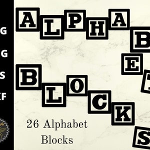 May include: Black and white alphabet blocks spelling out "ALPHABET BLOCKS". There are 26 blocks in total.