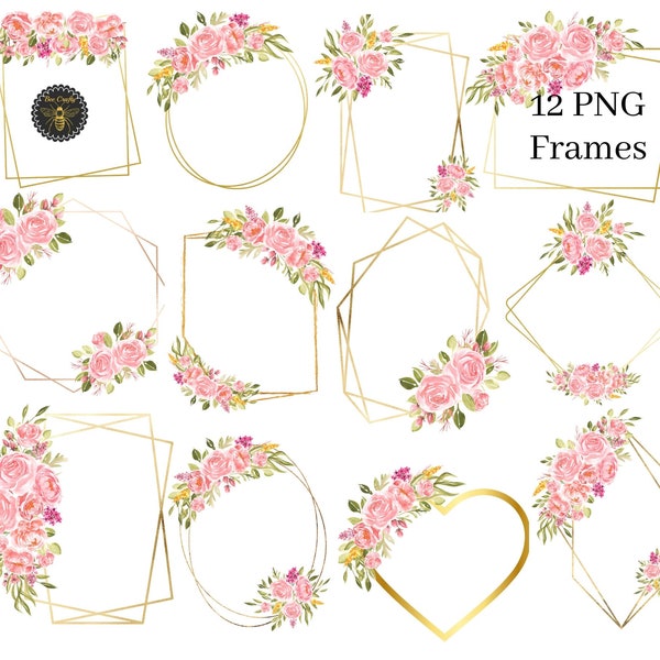 12 Pink Coral Rose Floral Geometric Polygonal Frames | Gold & Flowers Clipart Frames | Design Elements | 12 PNG Frames | Instant Download