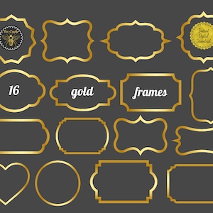 Marcos de lámina de oro / Marcos de imágenes prediseñadas doradas Etiquetas / Marcos de elementos de diseño grandes / Marcos de 16 PNG / Descarga instantánea