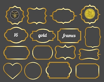 Gold Foil Frames | Golden Clip Art Frames Labels Tags | Large Design Element Frames | 16 PNG Frames |  Instant Download