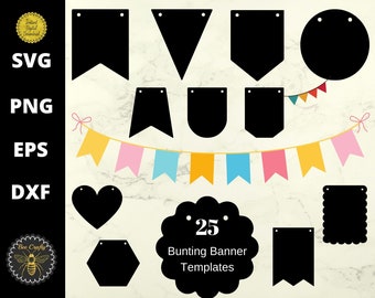 25 Bunting Banner SVG Bundle | Flag Bunting Banner Templates | DIY Bunting Files, Shape Stencils | svg, png, dxf, eps, pdf, Cut Files