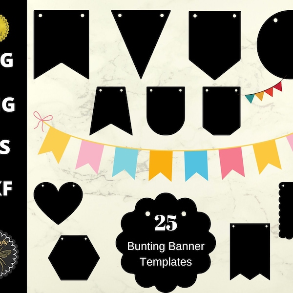 25 Bunting Banner SVG Bundle | Flag Bunting Banner Templates | DIY Bunting Files, Shape Stencils | svg, png, dxf, eps, pdf, Cut Files